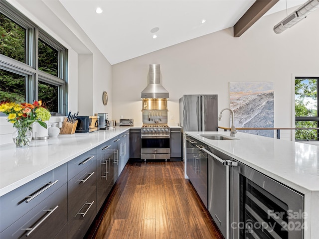 kitchen featuring stainless steel range, sink, wall chimney range hood, and a healthy amount of sunlight