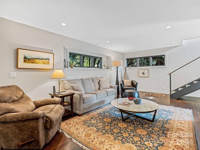 219 Old Toll Rd, Asheville, NC 28804 - living room with recessed lighting, baseboards, dark wood finished floors, and stairway