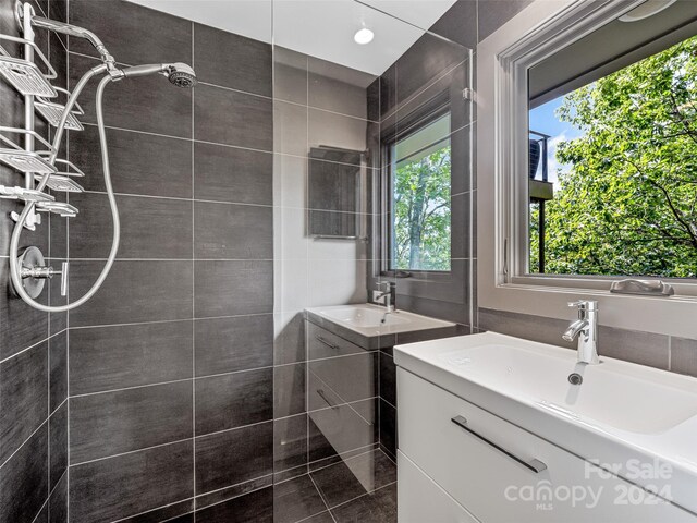 219 Old Toll Rd, Asheville, NC 28804 - full bathroom featuring two vanities, a tile shower, and a sink