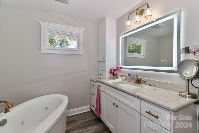 bathroom featuring wood-type flooring, vanity, and a tub