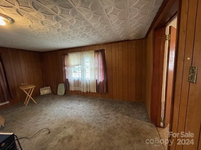 miscellaneous room with carpet flooring and wooden walls