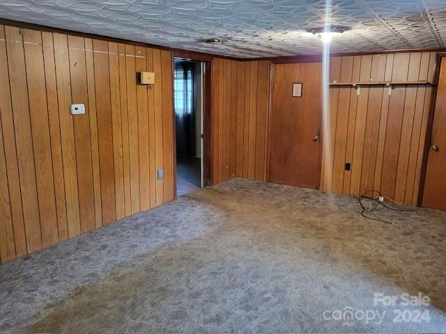 basement featuring carpet flooring and wood walls