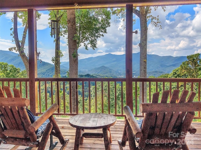 wooden deck with a mountain view