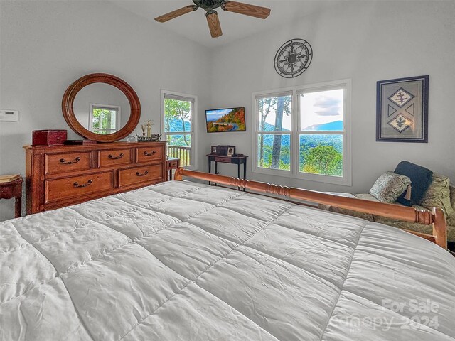 445 Equestrian Dr, Waynesville, NC 28786 - bedroom with a ceiling fan, access to outside, and high vaulted ceiling