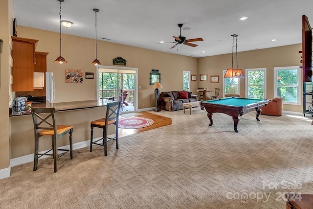 playroom featuring light colored carpet, billiards, and ceiling fan