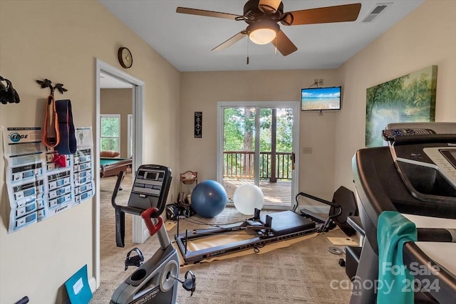 exercise room featuring ceiling fan and carpet flooring