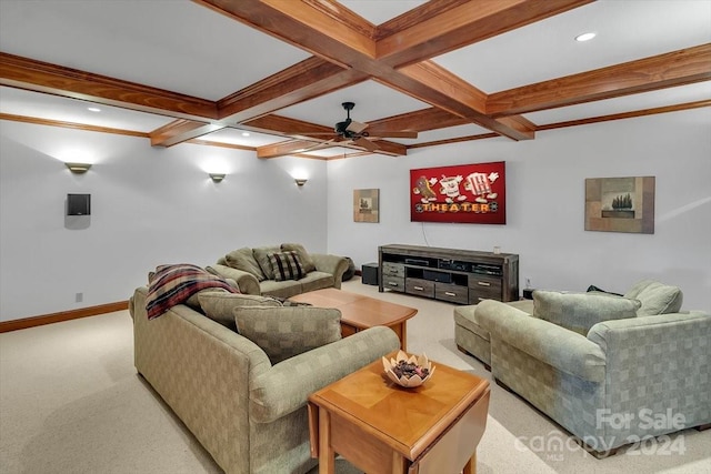 carpeted living room featuring beamed ceiling, coffered ceiling, and ceiling fan