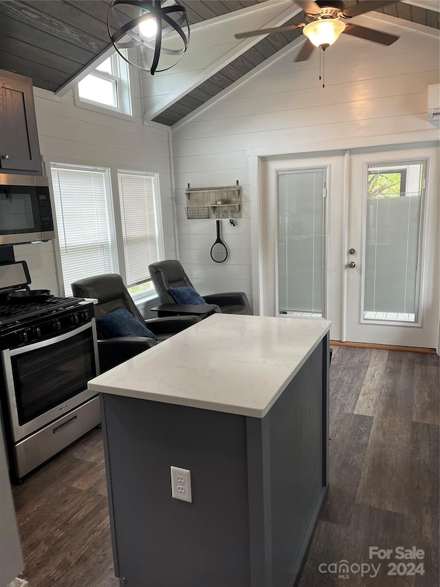 kitchen featuring vaulted ceiling, dark wood-type flooring, stainless steel appliances, a center island, and ceiling fan