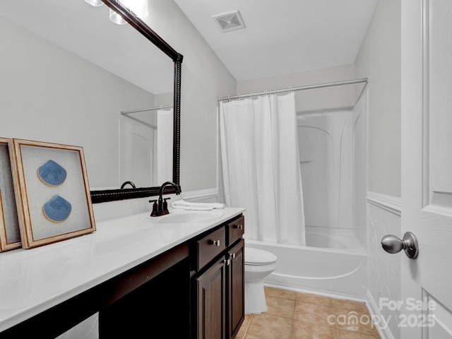 full bathroom featuring toilet, shower / tub combo, tile patterned flooring, and vanity