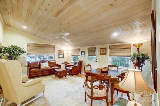 dining area with ceiling fan, wooden ceiling, vaulted ceiling, and light hardwood / wood-style floors