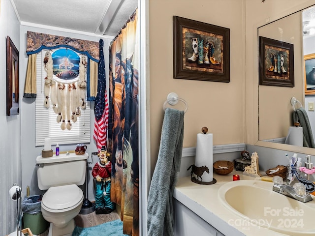 bathroom featuring vanity, toilet, and a textured ceiling