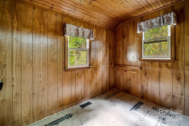 spare room featuring a wealth of natural light, wood ceiling, and wood walls