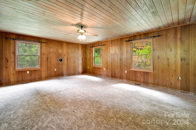 unfurnished room featuring wood ceiling, a wealth of natural light, and ceiling fan