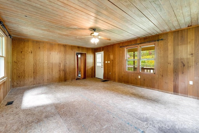 spare room featuring ceiling fan, wood ceiling, and wood walls