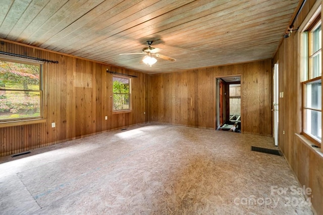 spare room featuring wooden walls, wood ceiling, and ceiling fan