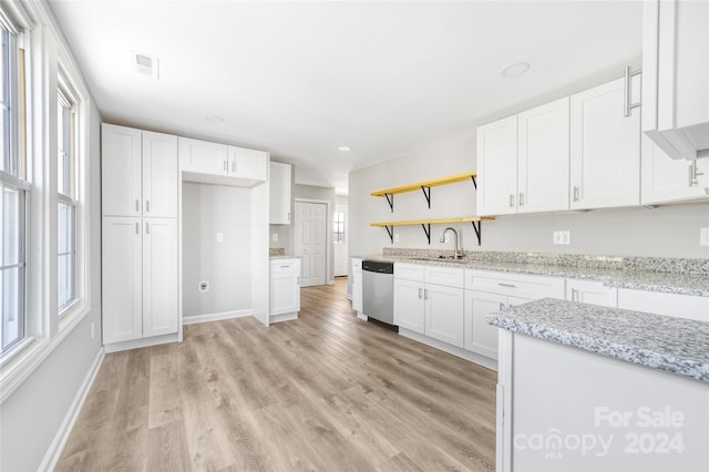 kitchen with white cabinets, dishwasher, and a wealth of natural light