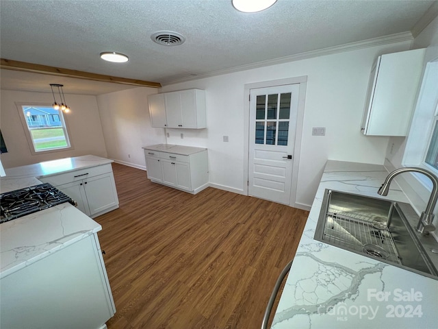 kitchen featuring sink, dark hardwood / wood-style floors, ornamental molding, decorative light fixtures, and white cabinetry