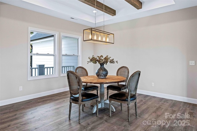 dining space featuring visible vents, dark wood finished floors, beam ceiling, and baseboards