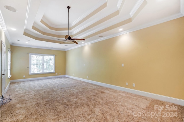 spare room featuring ornamental molding, a tray ceiling, and carpet floors