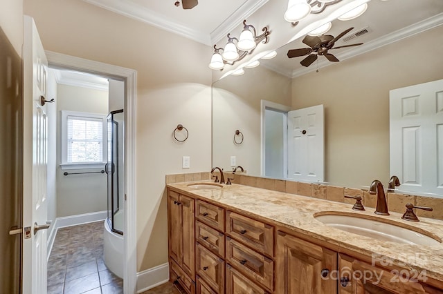 bathroom featuring tile patterned flooring, ceiling fan, shower / bath combination with glass door, ornamental molding, and vanity