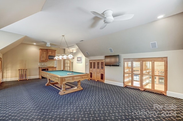 playroom featuring ceiling fan, billiards, dark colored carpet, and lofted ceiling