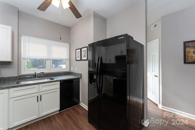 kitchen featuring dark hardwood / wood-style flooring, ceiling fan, sink, black appliances, and white cabinetry