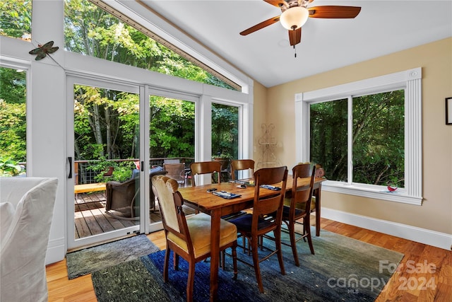 dining area featuring ceiling fan, hardwood / wood-style floors, and a healthy amount of sunlight