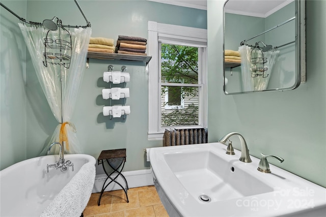 bathroom featuring a tub to relax in, sink, and crown molding