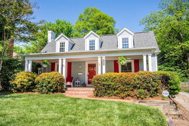 cape cod home featuring covered porch and a front yard