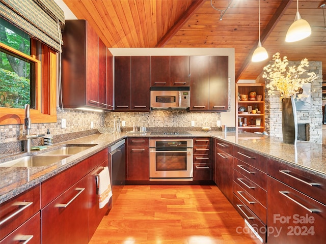 kitchen with wood ceiling, light hardwood / wood-style floors, sink, hanging light fixtures, and stainless steel appliances