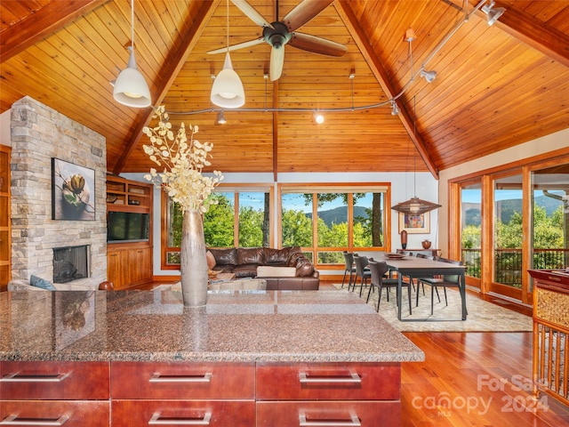 interior space featuring wood ceiling, high vaulted ceiling, and light hardwood / wood-style flooring