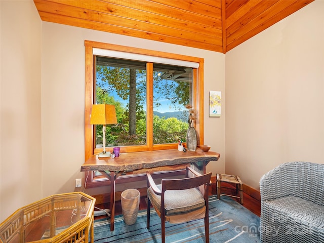 office featuring a wealth of natural light, wooden ceiling, and hardwood / wood-style floors