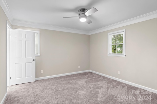 carpeted empty room featuring ceiling fan and crown molding