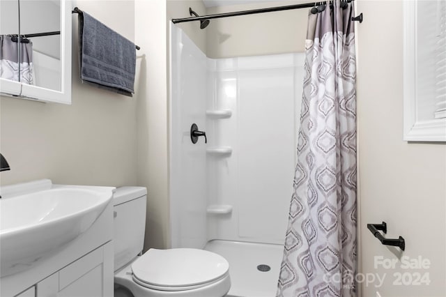 bathroom featuring vanity, toilet, and a shower with shower curtain