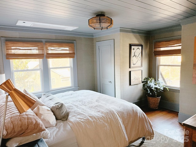 22 Kenilwood Pl, Asheville, NC 28803 - bedroom featuring wood finished floors, wood ceiling, ornamental molding, and baseboards