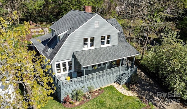 22 Kenilwood Pl, Asheville, NC 28803 - rear view of property featuring a chimney, roof with shingles, a yard, stairs, and a gambrel roof