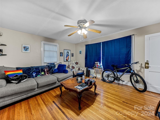 living room with ceiling fan and hardwood / wood-style floors