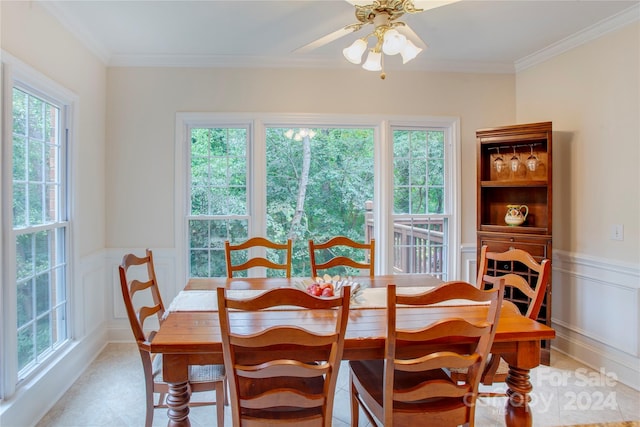 dining room with a wealth of natural light, ceiling fan, and ornamental molding