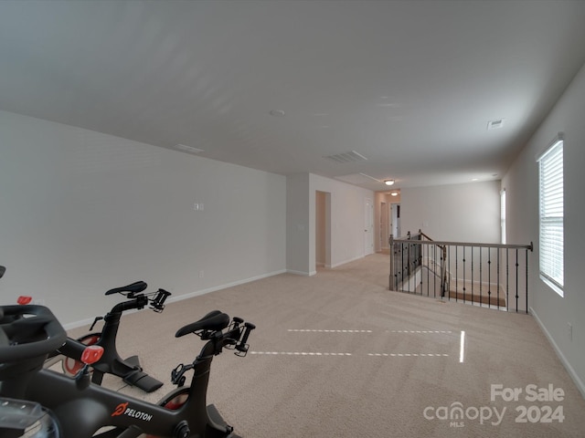 exercise room with light carpet