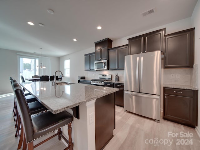 kitchen featuring hanging light fixtures, a kitchen island with sink, appliances with stainless steel finishes, light stone countertops, and light hardwood / wood-style floors