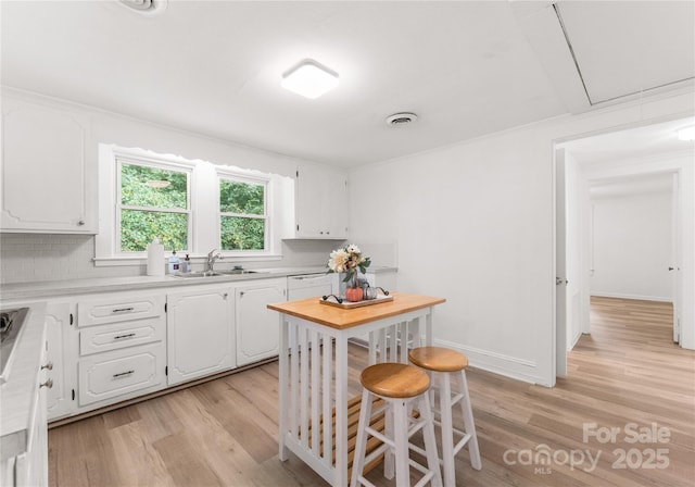 kitchen with white cabinetry, backsplash, and sink