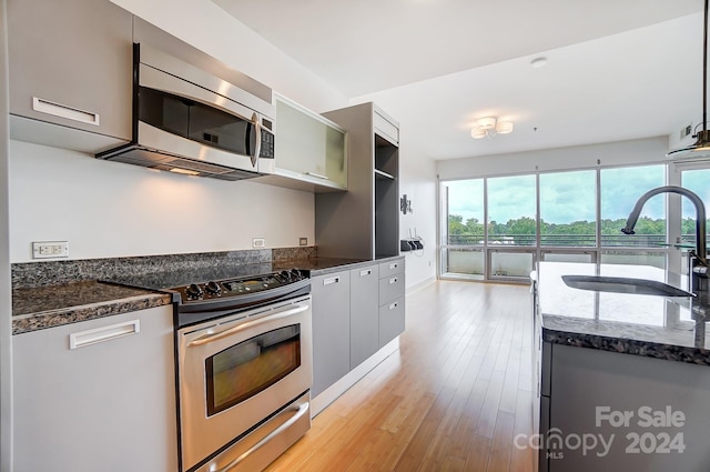 kitchen with gray cabinetry, light hardwood / wood-style floors, dark stone countertops, stainless steel appliances, and sink