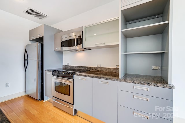 kitchen featuring light wood-type flooring, dark stone counters, and stainless steel appliances