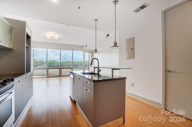 kitchen with pendant lighting, gray cabinetry, stainless steel dishwasher, range, and light wood-type flooring