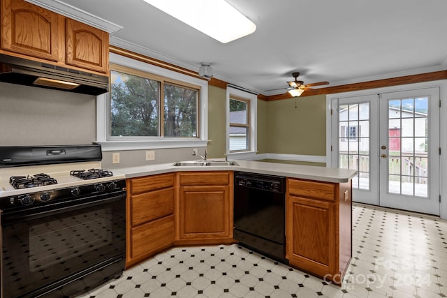 kitchen featuring ceiling fan, ornamental molding, and black appliances