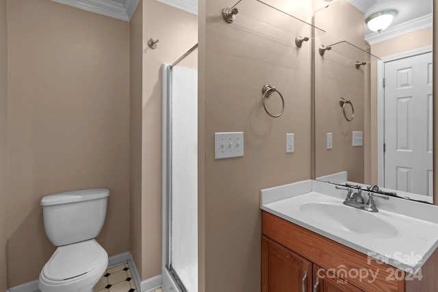 bathroom featuring walk in shower, vanity, crown molding, and toilet