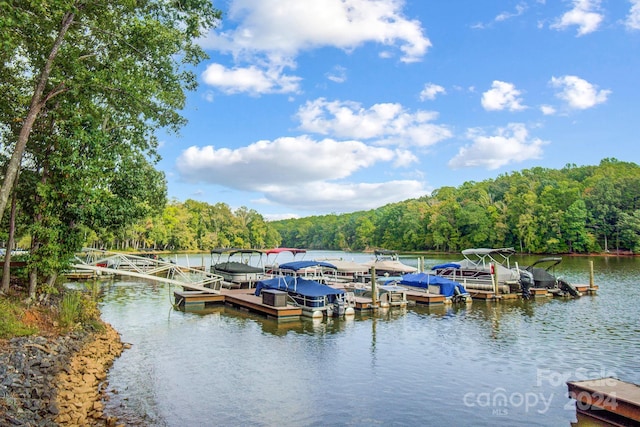 dock area featuring a forest view and a water view