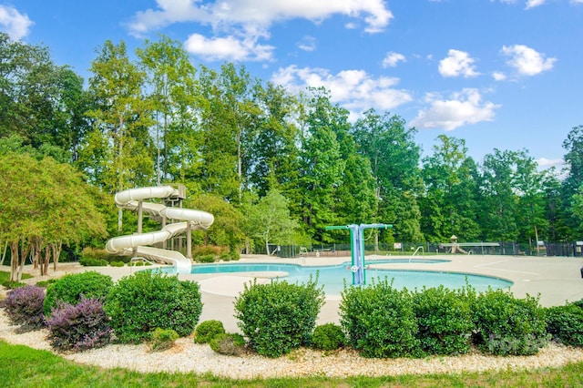 view of pool featuring a water slide