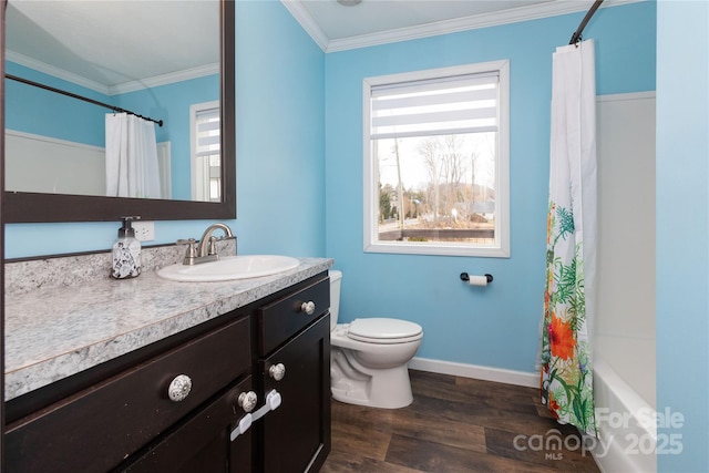 full bathroom featuring shower / bathtub combination with curtain, crown molding, hardwood / wood-style floors, vanity, and toilet