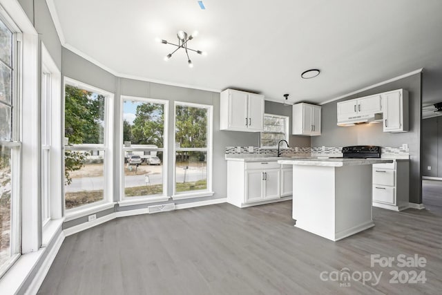 kitchen featuring white cabinets, hardwood / wood-style flooring, a healthy amount of sunlight, and black range